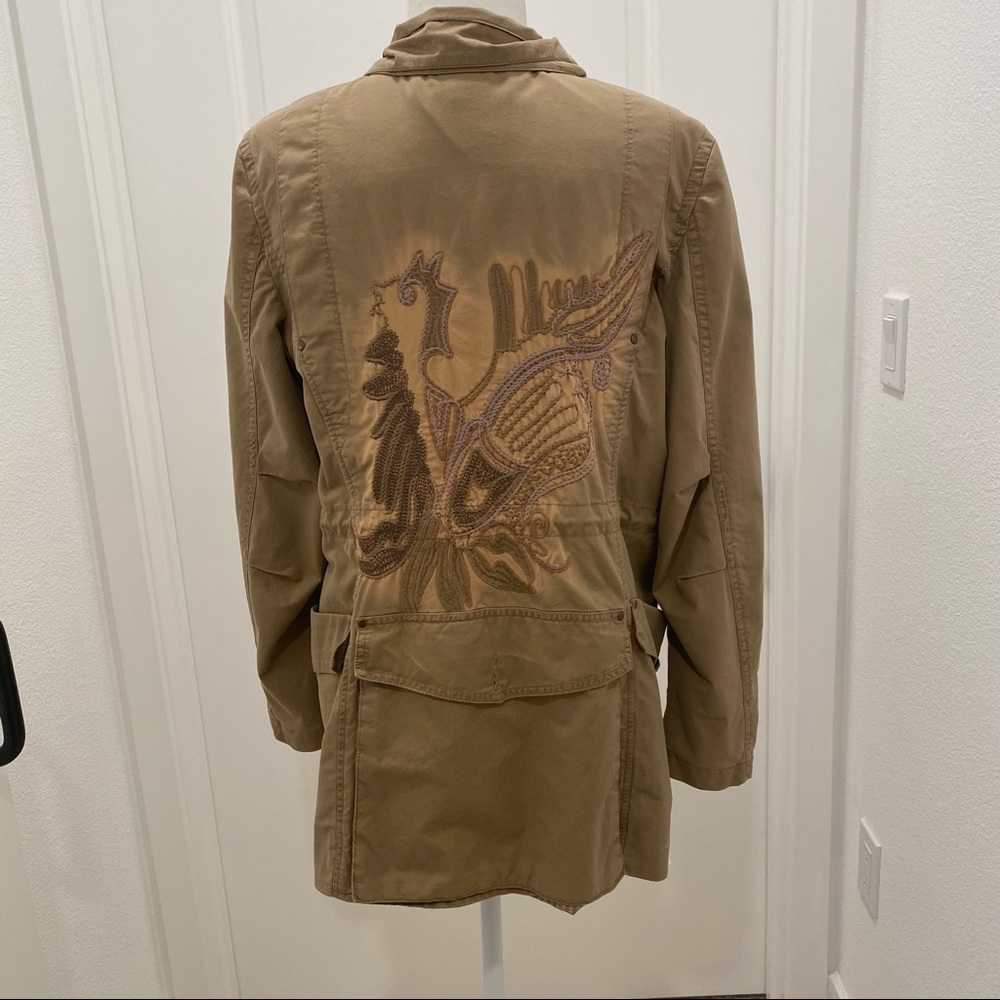 Max Mara dark tan coat with a rooster/ bird print